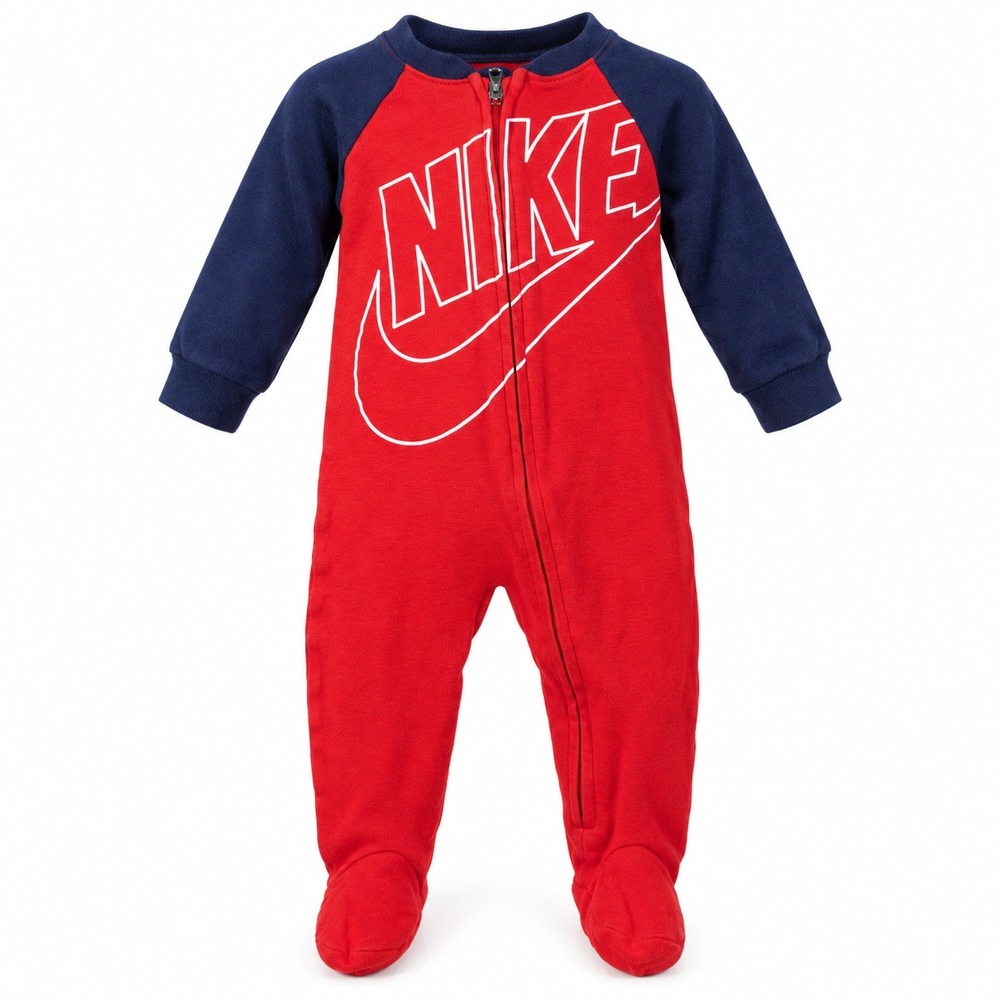 Nike Baby Footed Coverall 6M Red Navy Big Outline Logo Cotton Zip Sleeper
